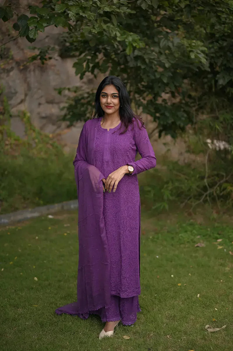 Viscose Georgette Chikankari Kurta With Palazzo And Dupatta