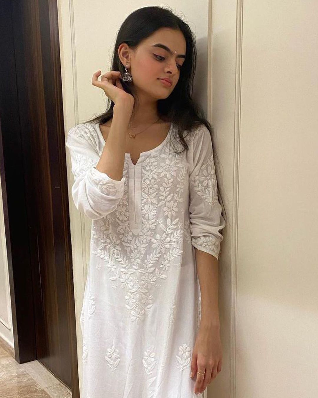 White Rayon Cotton Chikankari Kurta With Palazzo Set