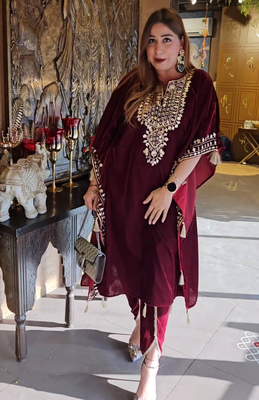 Winter Wear Wine Embroidered Attractive Party Wear Viscose Velvet fabric Kaftan dhoti