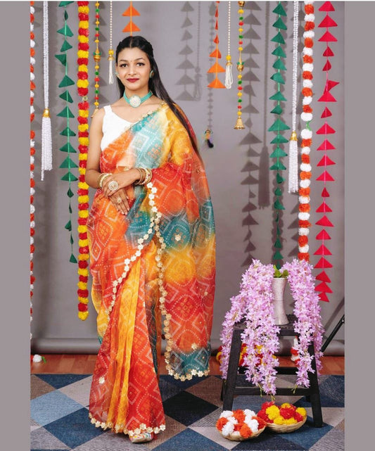 Organza Bandhej Print & Gotta Work Arcco Saree