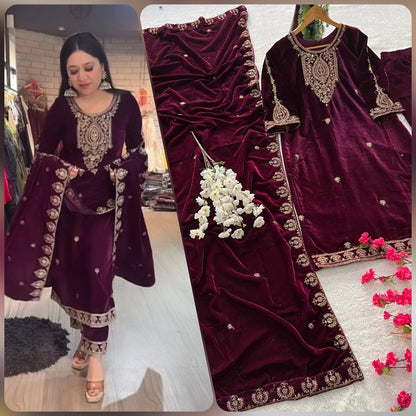 Wine Colored Embroidered Attractive Party Wear Velvet Silk fabric Kurti Bottom has a Regular-fit to customer