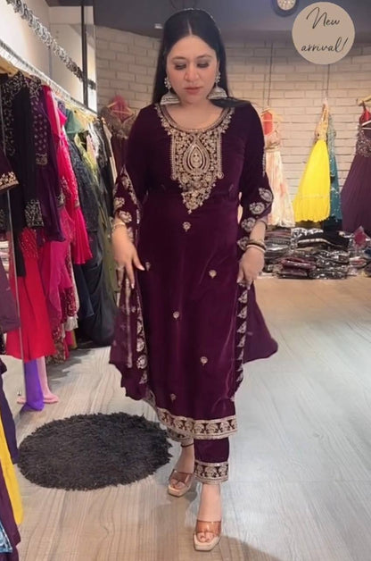 Wine Colored Embroidered Attractive Party Wear Velvet Silk fabric Kurti Bottom has a Regular-fit to customer