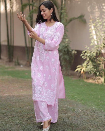 Pink Rayon Cotton Chikankari Kurta With Palazzo