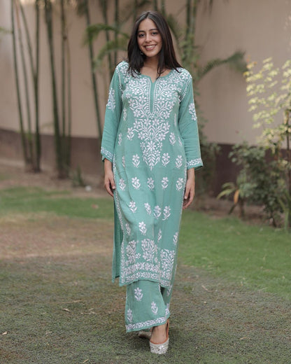 Sea Green Rayon Cotton Chikankari Kurta With Palazzo