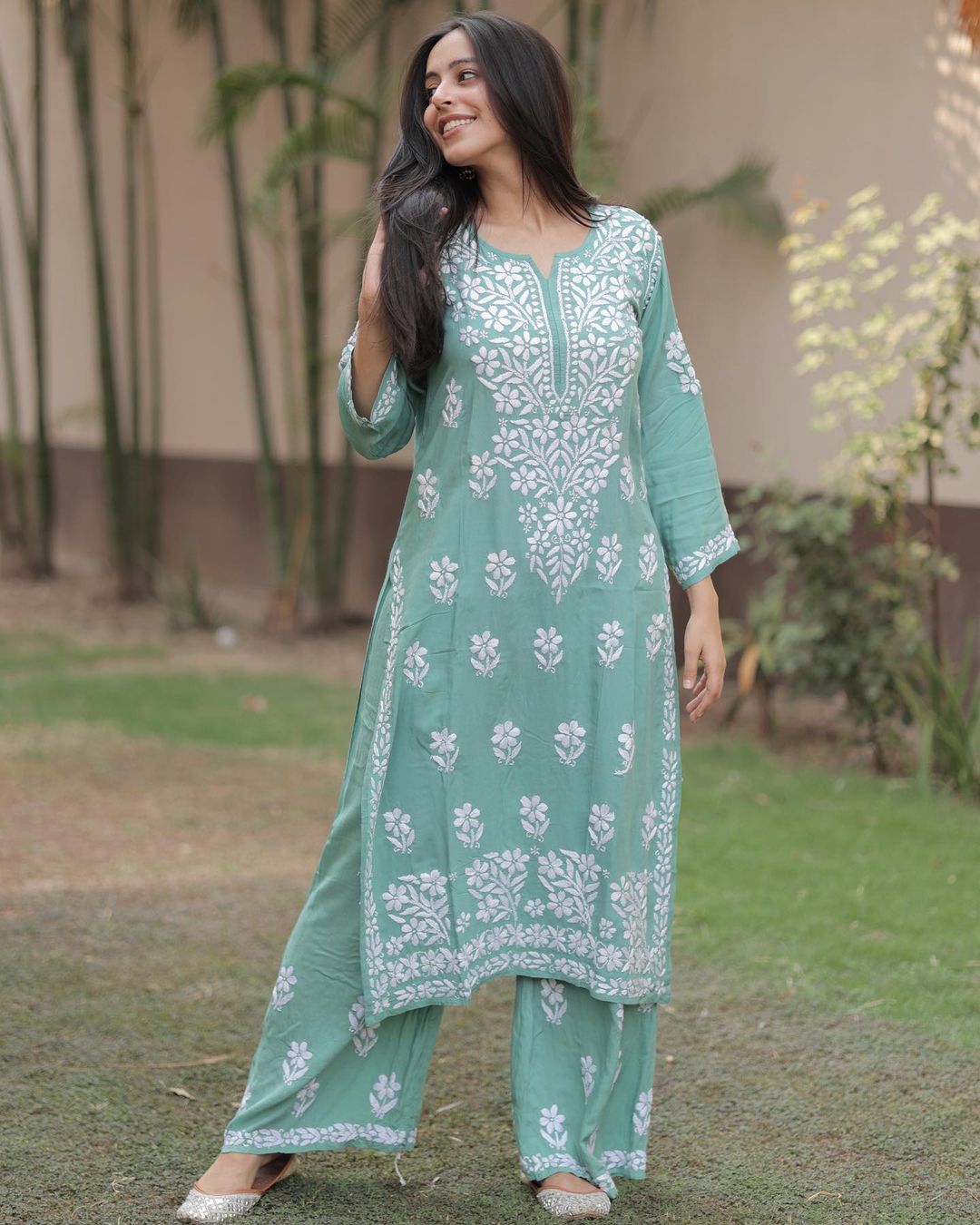 Sea Green Rayon Cotton Chikankari Kurta With Palazzo