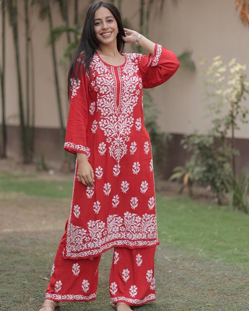 Red Rayon Cotton Chikankari Kurta With Palazzo