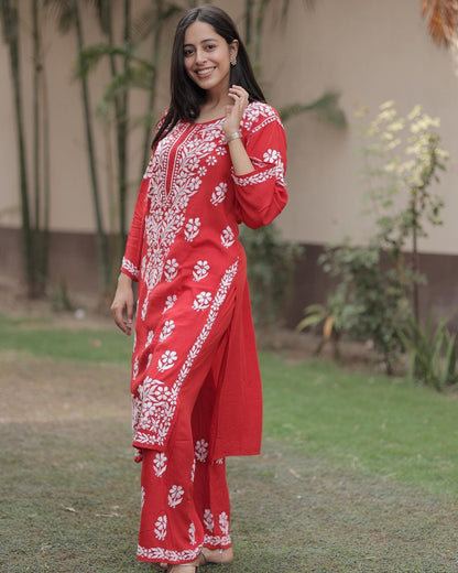 Red Rayon Cotton Chikankari Kurta With Palazzo