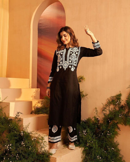 Black Rayon Cotton Chikankari Kurta With Pant