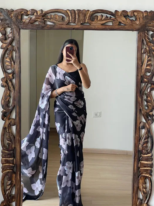 1 MIN READY TO WEAR  SAREE IN   BLACK FLORAL WITH BLOUSE