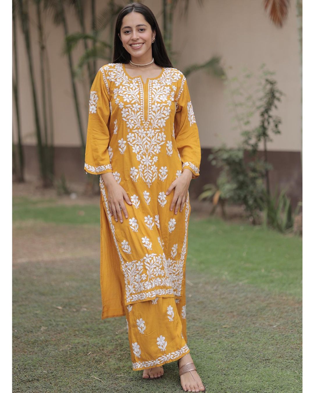 Yellow Rayon Cotton Chikankari Kurta With Palazzo