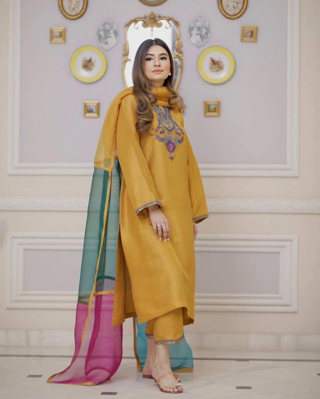 Yellow Crepe Silk Embroidered Kurta Set With Dupatta